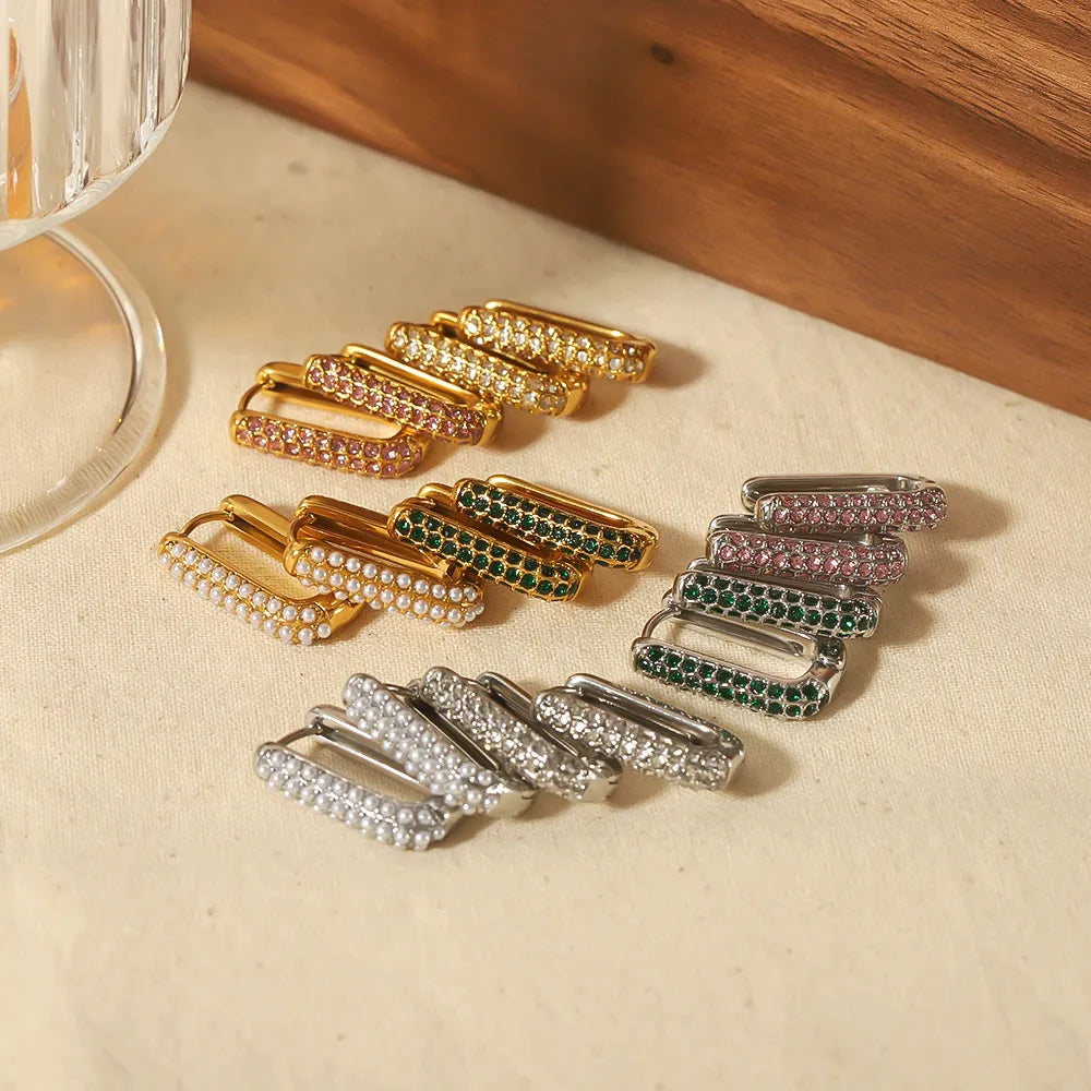 Gold Cubic Zirconia Square Rectangle Polishing Plating Inlay Stainless Steel
