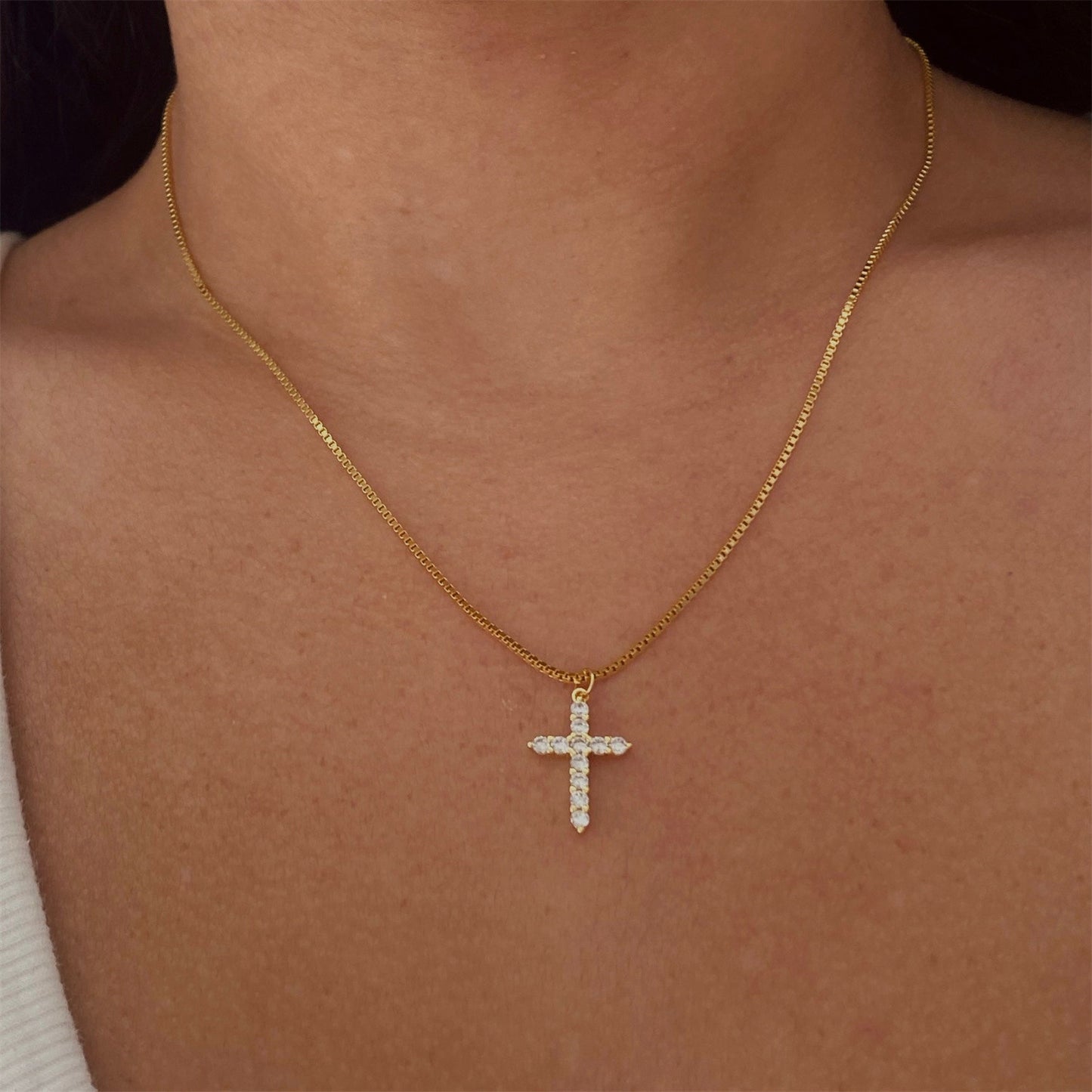 Cross Titanium Steel Plating Inlay Zircon 18K Gold Plated Pendant Necklace