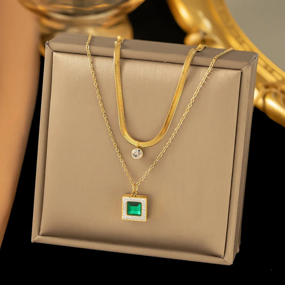 Green Diamond Titanium Steel 18K Gold Plated Zircon Double Layer Necklaces