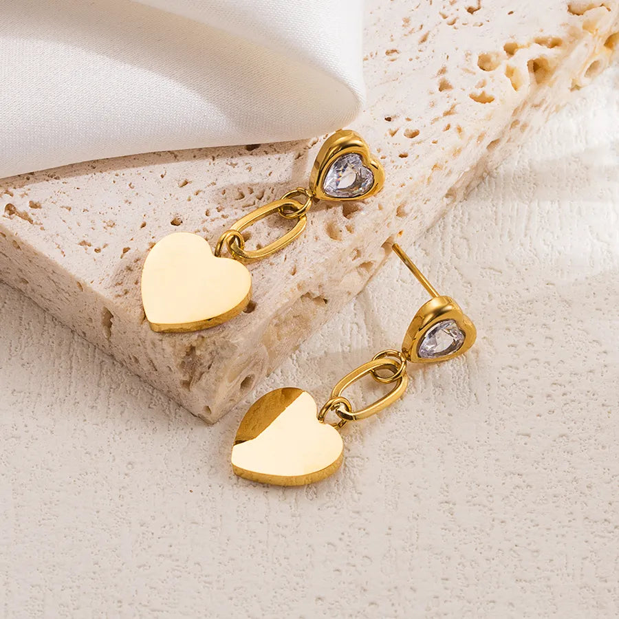 Sweet Heart Shape Plating Stainless Steel CLEAR Zircon 18K Gold Plated Drop Earring