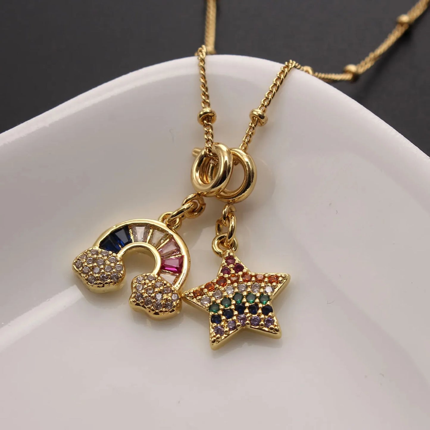 Rainbow with Heart Shaped Copper Plating Inlay Zircon Pendant Necklace