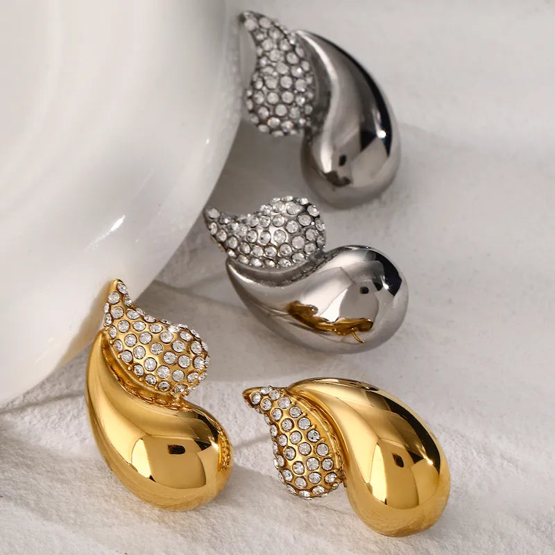 IG Style Modern Style Water Droplets Inlay 316 Stainless Steel Rhinestones 18K Gold Plated Ear Studs