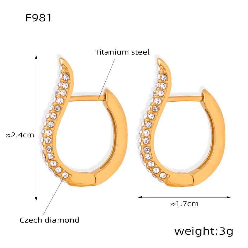 Elegant U Shape Plating Inlay Titanium Steel Artificial Diamond 18k Gold Plated Earrings