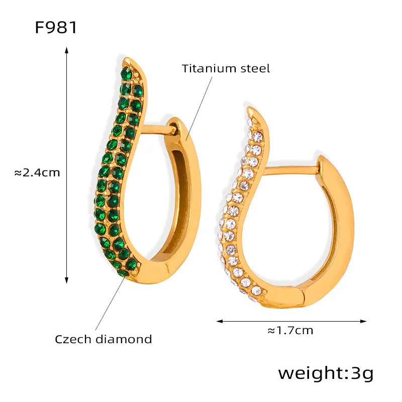 Elegant U Shape Plating Inlay Titanium Steel Artificial Diamond 18k Gold Plated Earrings