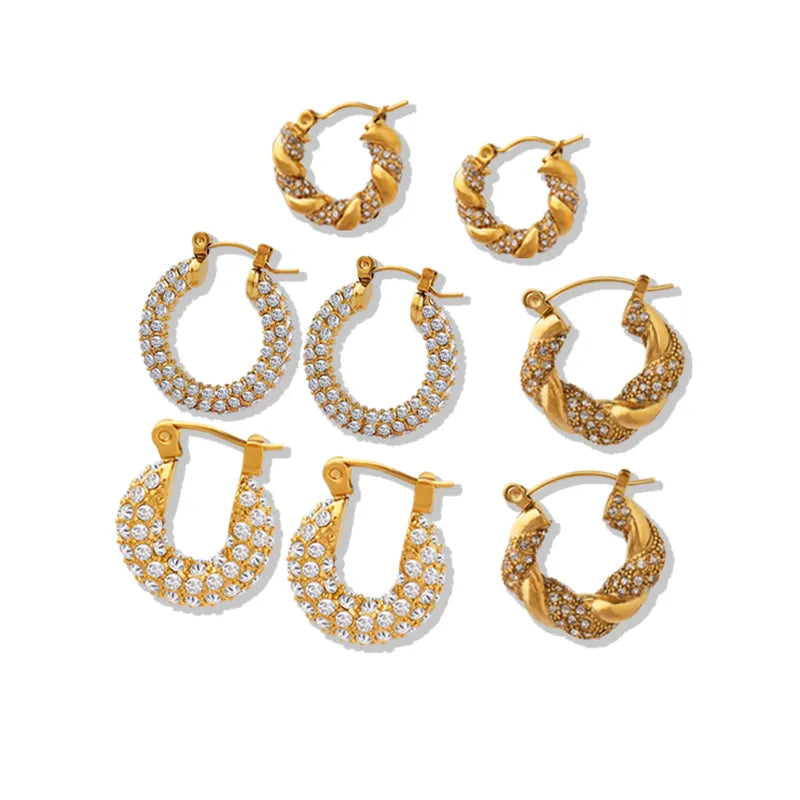 Elegant U Shape Plating Inlay Titanium Steel Artificial Diamond 18k Gold Plated Earrings