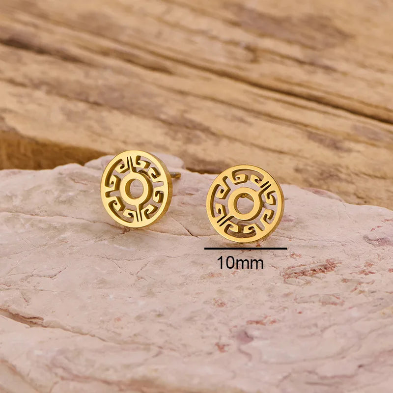 Symbolic Classic Style Geometric Round Plating 304 Stainless Steel 18K Gold Plated Butterfly Backs Ear Studs