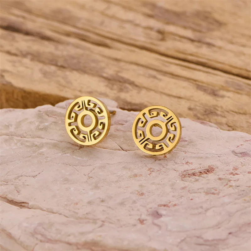 Symbolic Classic Style Geometric Round Plating 304 Stainless Steel 18K Gold Plated Butterfly Backs Ear Studs