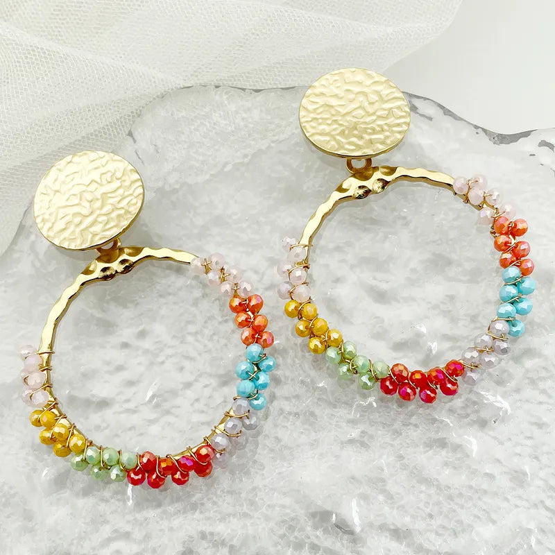Vacation Bohemian Round Heart Shape Patchwork Plating Inlay 304 Stainless Steel Natural Stone 14K Gold Plated Drop Earrings