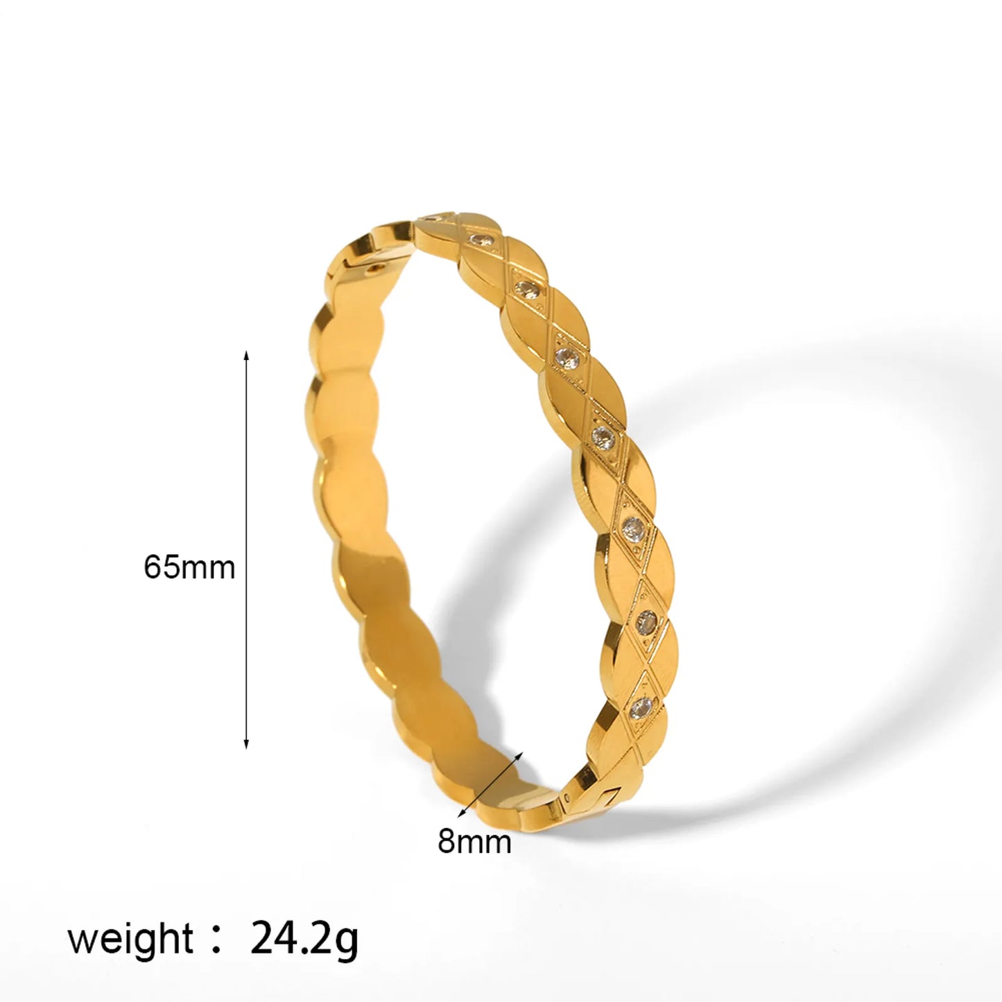 Curvy Edged Diamond Inlay Stainless Steel 18K Gold Plated Zircon Bangle