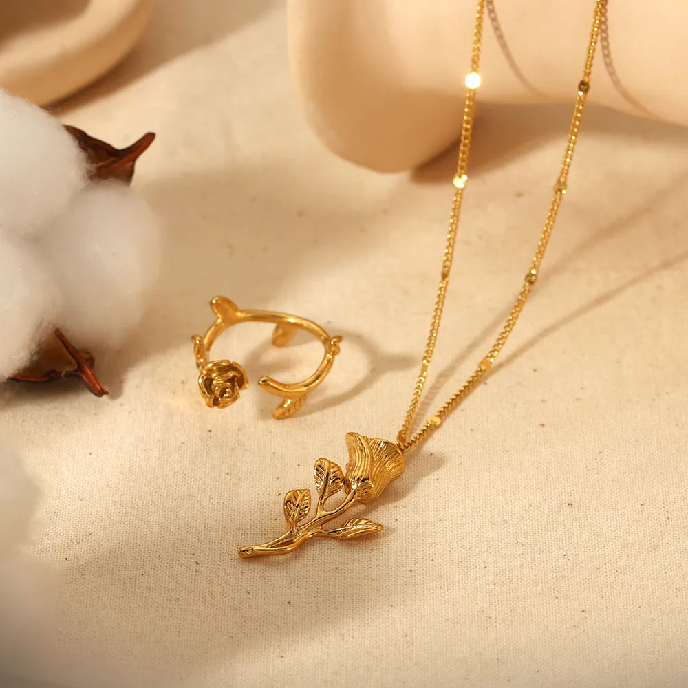 Rose Stainless Steel Polishing Plating 18K Gold Plated Rings Necklace Set