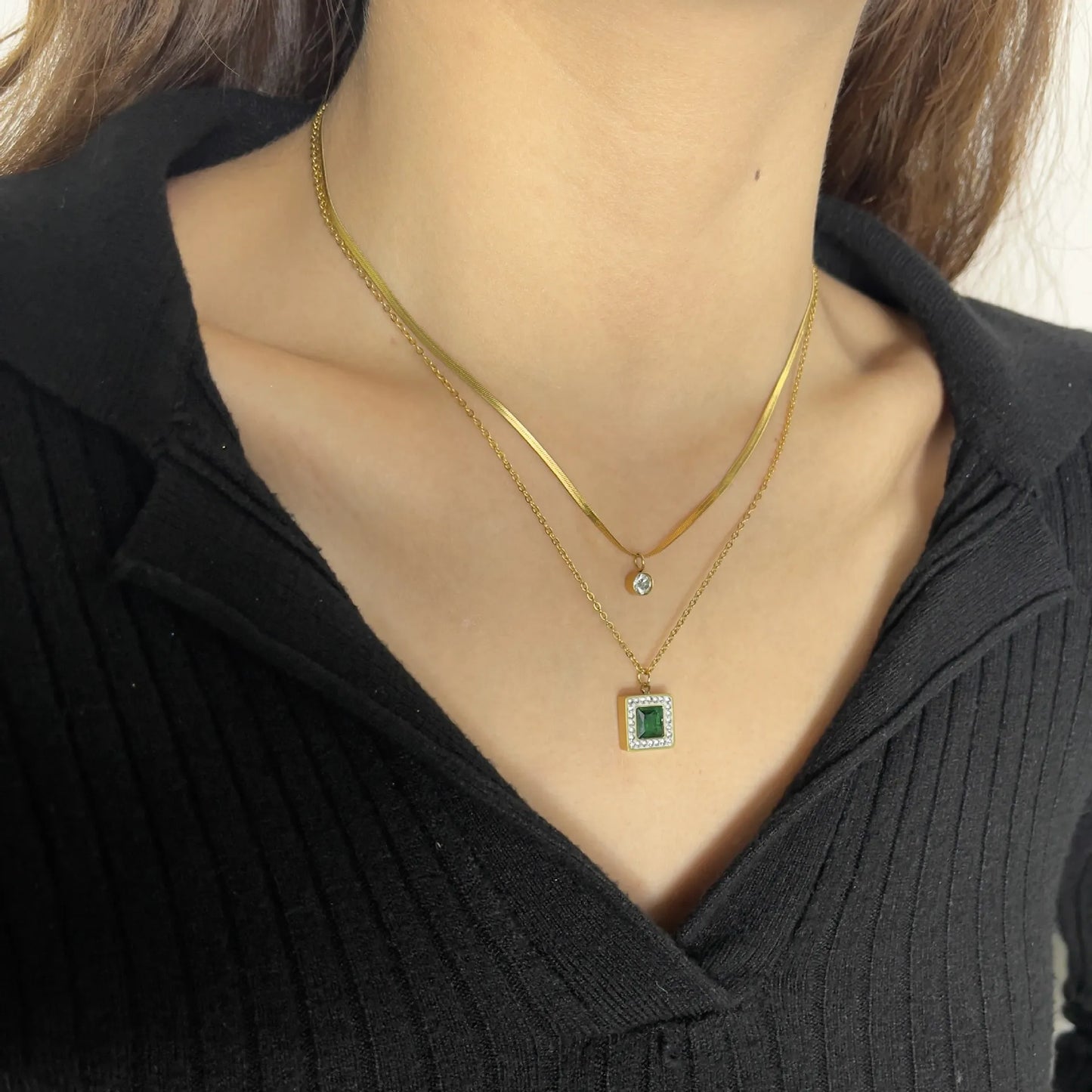 Green Diamond Titanium Steel 18K Gold Plated Zircon Double Layer Necklaces