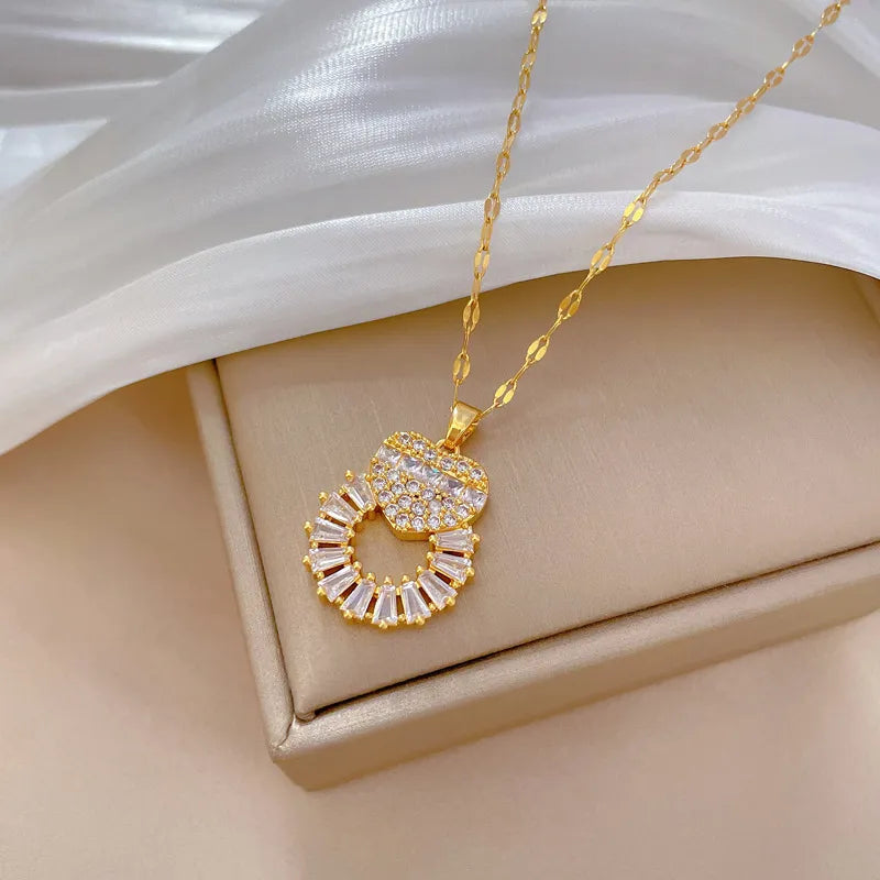 Heart Shape Stainless Steel Artificial Gemstones Plating Inlay Necklace