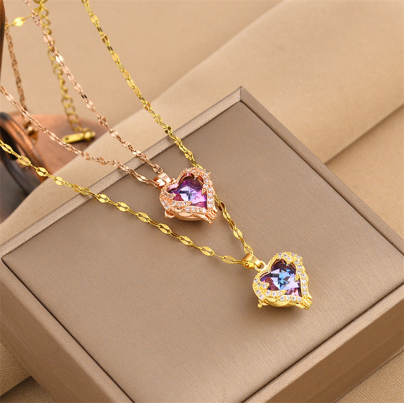 Heart Shape Titanium Steel Plating Inlay Rhinestones Pendant Necklace