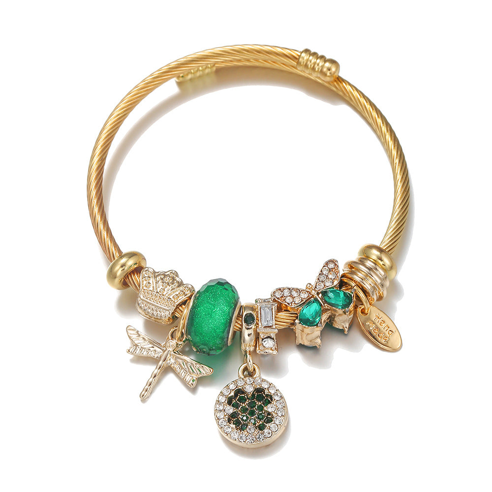 Green Dragonfly Stainless Steel Plating Charms Bangle