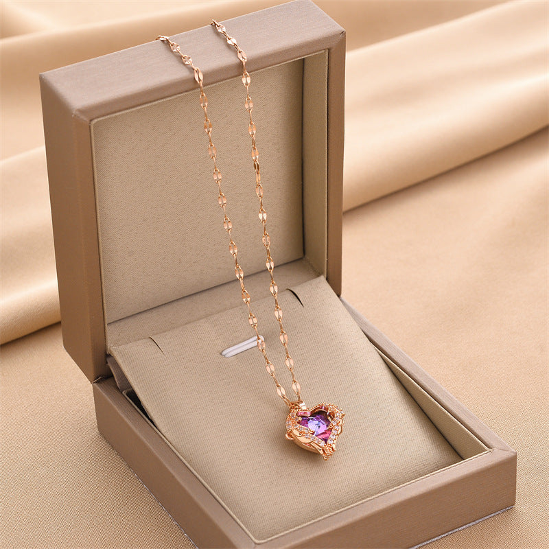 Heart Shape Titanium Steel Plating Inlay Rhinestones Pendant Necklace