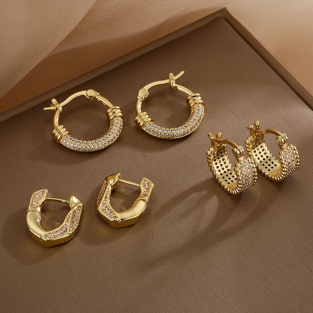Dainty Geometric Plating Inlay Copper Zircon 18K Gold Plated Hoop Earrings