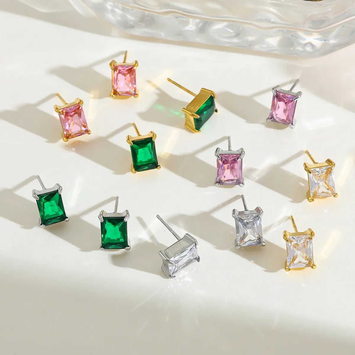 Rectangular 304 Stainless Steel Plated 16K Gold Embedded Zirconia Stud Earrings