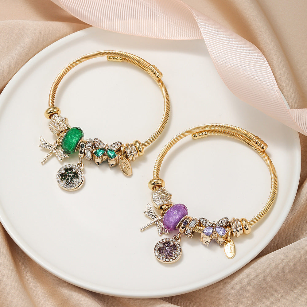 Green Dragonfly Stainless Steel Plating Charms Bangle