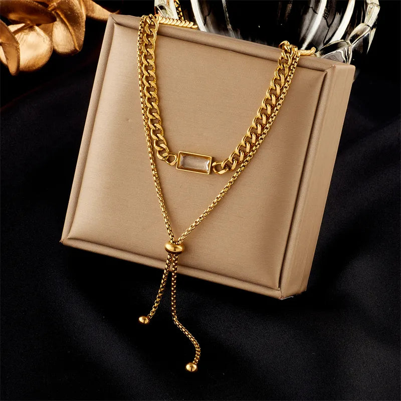 Rectangle Titanium Steel Plating Inlay Rhinestones 18K Gold Plated Layered Necklaces