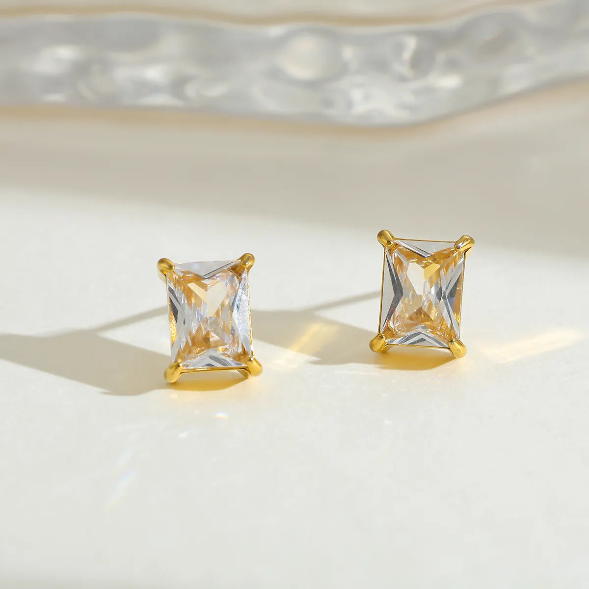 Rectangular 304 Stainless Steel Plated 16K Gold Embedded Zirconia Stud Earrings