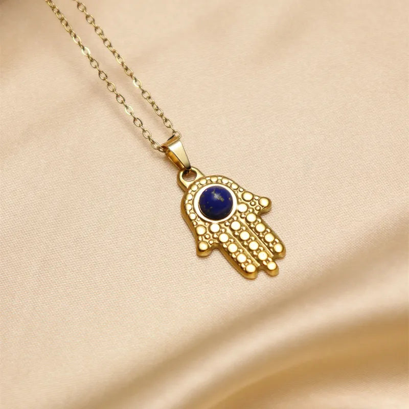 304 Stainless Steel 18K Gold Plated IG Style Inlay Devil's Eye Palm Natural Stone Pendant Necklace