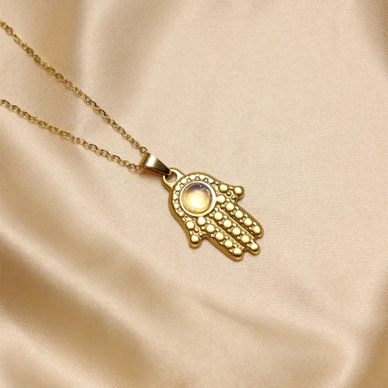 304 Stainless Steel 18K Gold Plated IG Style Inlay Devil's Eye Palm Natural Stone Pendant Necklace