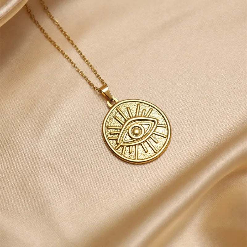 304 Stainless Steel 18K Gold Plated IG Style Inlay Devil's Eye Palm Natural Stone Pendant Necklace