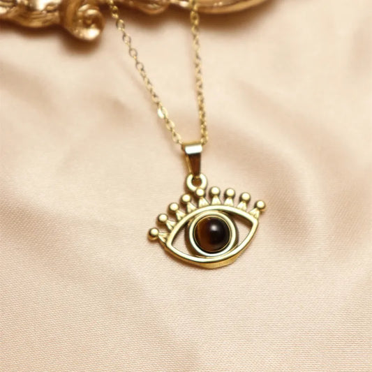 304 Stainless Steel 18K Gold Plated IG Style Inlay Devil's Eye Palm Natural Stone Pendant Necklace