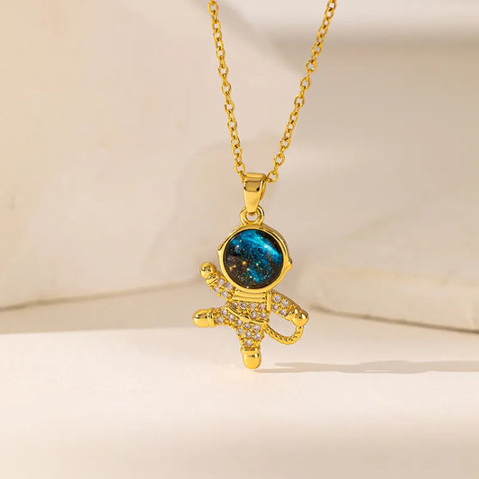 304 Stainless Steel 18K Gold Plated Modern Style Inlay Astronaut Artificial Rhinestones Pendant Necklace