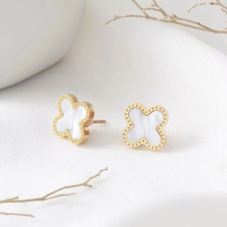 White Four Leaf Clover Plating Stainless Steel 18K Gold Plated Ear Studs