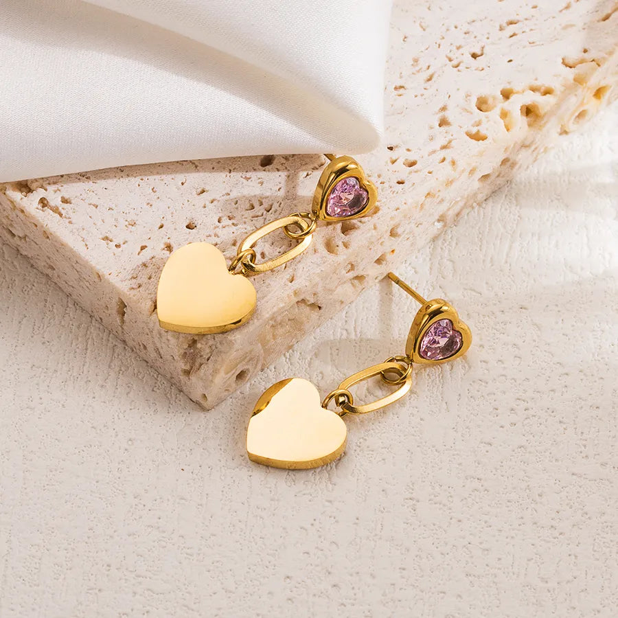 Sweet Heart Shape Plating Stainless Steel PINK Zircon 18K Gold Plated Drop Earring