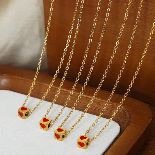 Red Heart Titanium Steel Enamel Plating 18K Gold Plated Necklace