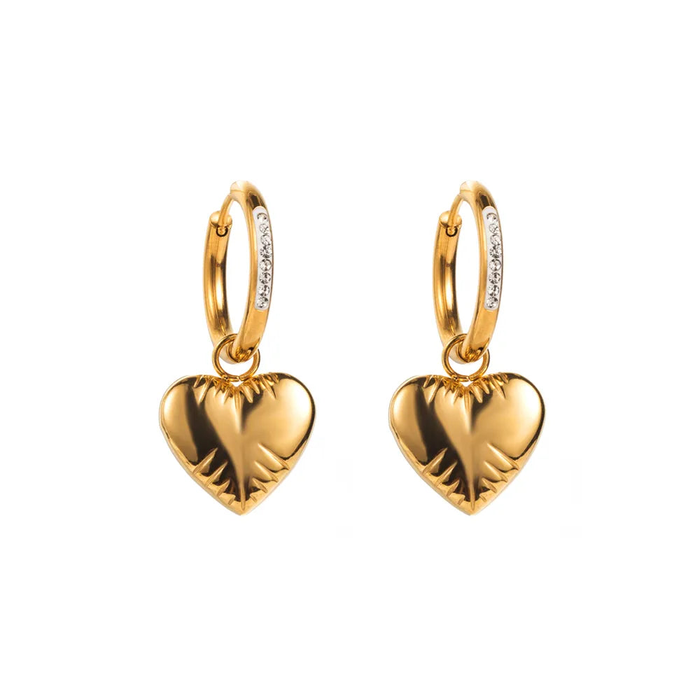 Heart Shape Inlay Titanium Steel Rhinestones Gold Plated Drop Earrings