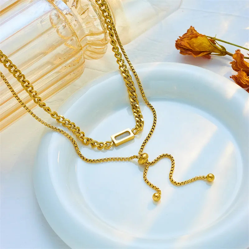 Rectangle Titanium Steel Plating Inlay Rhinestones 18K Gold Plated Layered Necklaces