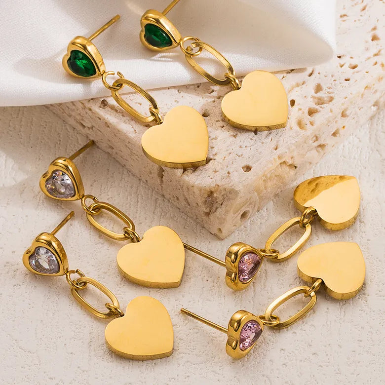 Sweet Heart Shape Plating Stainless Steel PINK Zircon 18K Gold Plated Drop Earring