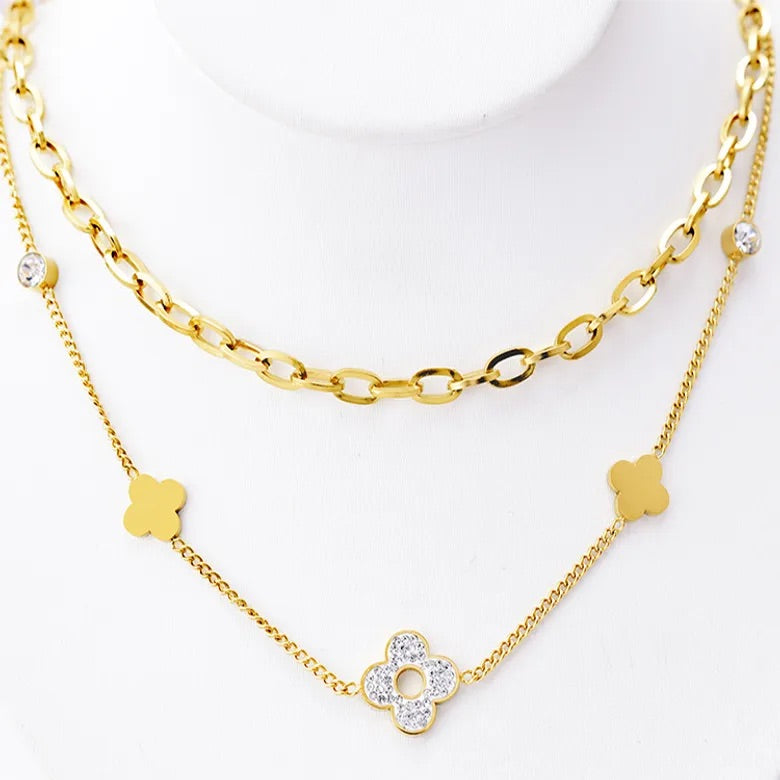 Clover Titanium Steel Inlay Zircon Layered Necklace
