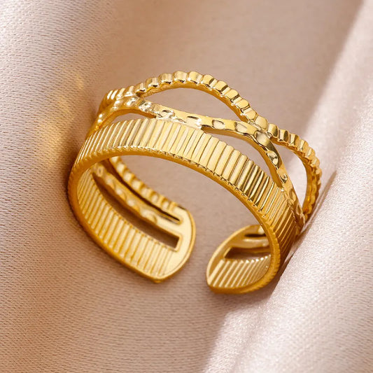 Exaggerated Gold Colour Stainless Steel Criss Cross Plating 18K Gold Plated Rings