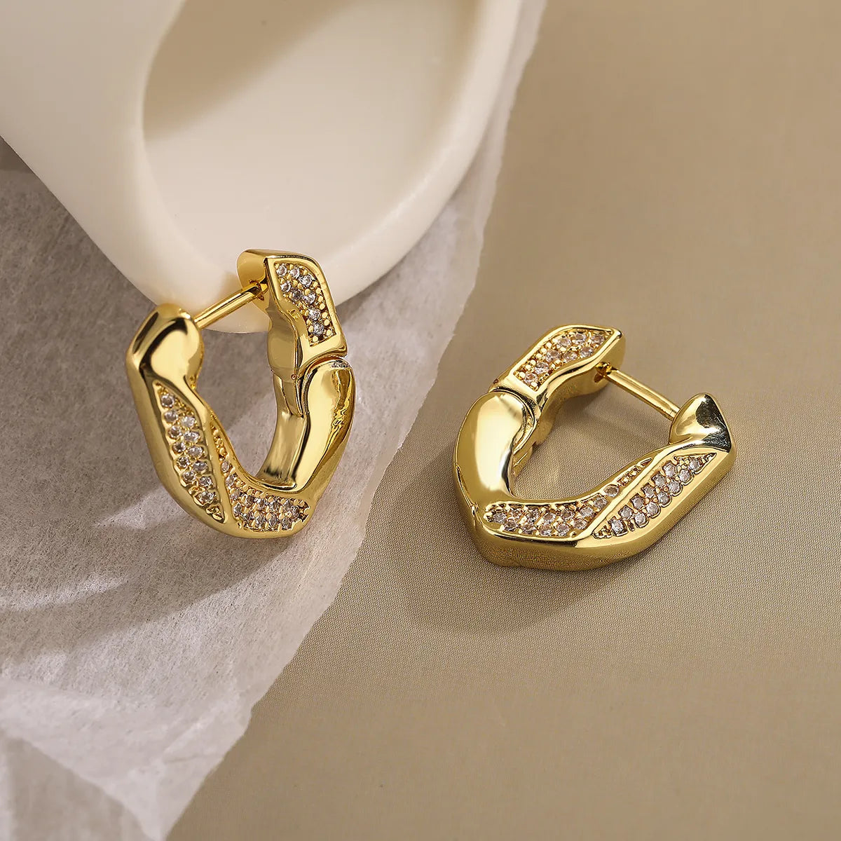 Dainty Geometric Plating Inlay Copper Zircon 18K Gold Plated Hoop Earrings