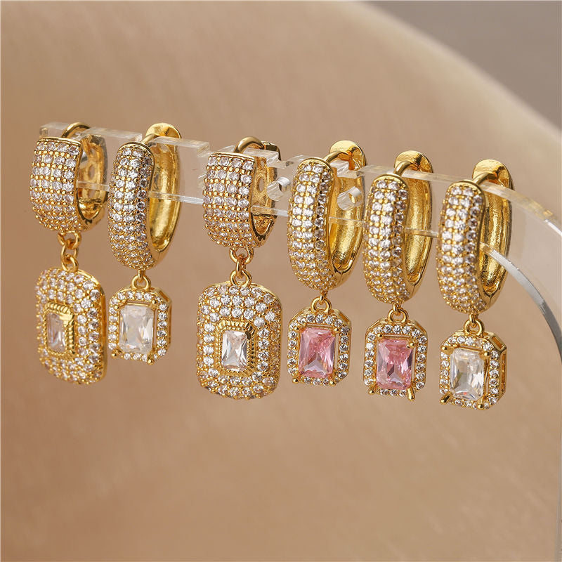 Shiny Square Cubic Zirconia 18K Gold Plated Drop Earrings