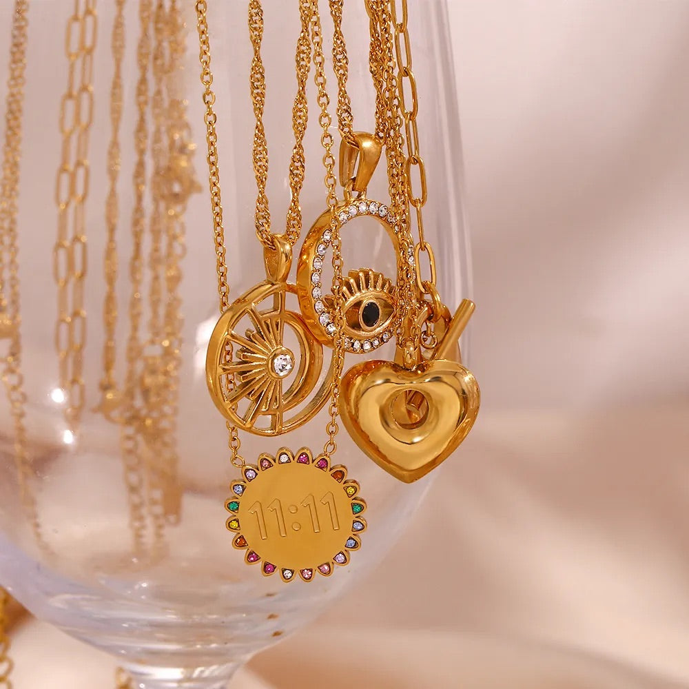Rhinestone SUNFLOWER 11:11 Pendant Necklace-Gold-Colorful crystals