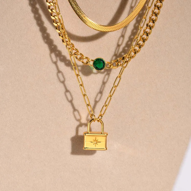 Streetwear Lock Stainless Steel Layered Plating Inlay 18K Gold Plated Zircon Pendant Necklace