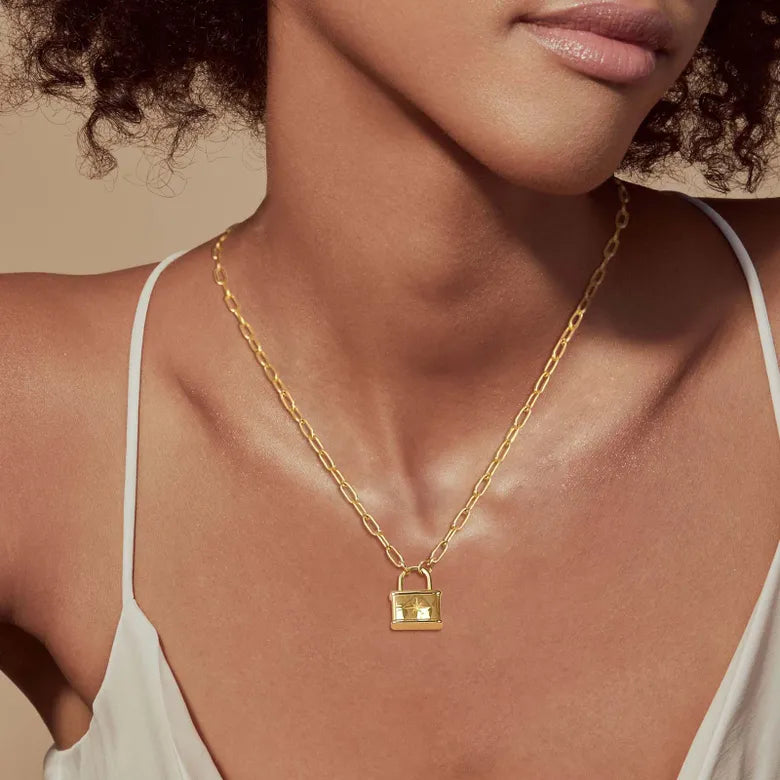 Streetwear Lock Stainless Steel Layered Plating Inlay 18K Gold Plated Zircon Pendant Necklace