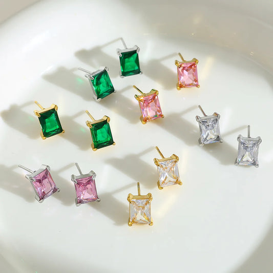 Rectangular 304 Stainless Steel Plated 16K Gold Embedded Zirconia Stud Earrings