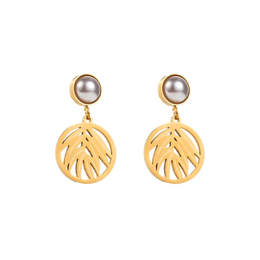 Pearl Figures Hollow Titanium Steel Pearl Gold Plated Drop Earrings