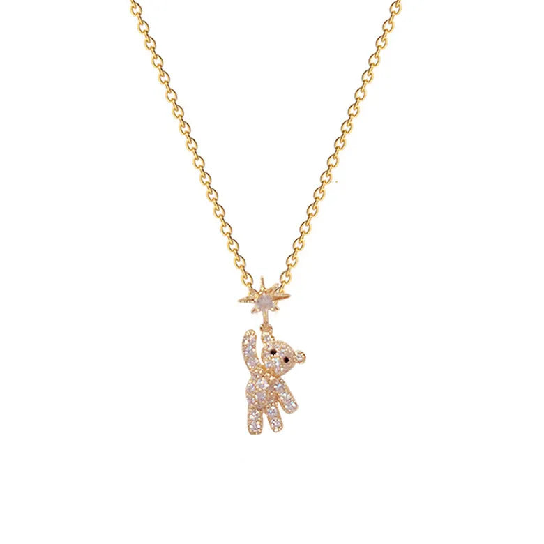 Star Bear Titanium Steel Plating Inlay Zircon Gold Plated Pendant Necklace
