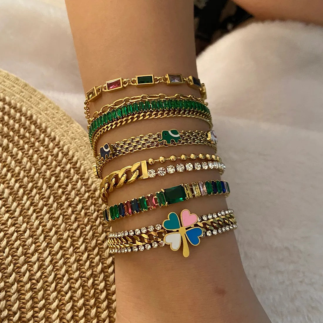 Four Leaf Stainless Steel Plating Inlay Zircon Gold Plated Bracelet