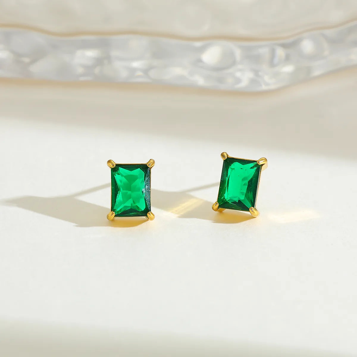 Rectangular 304 Stainless Steel Plated 16K Gold Embedded Zirconia Stud Earrings