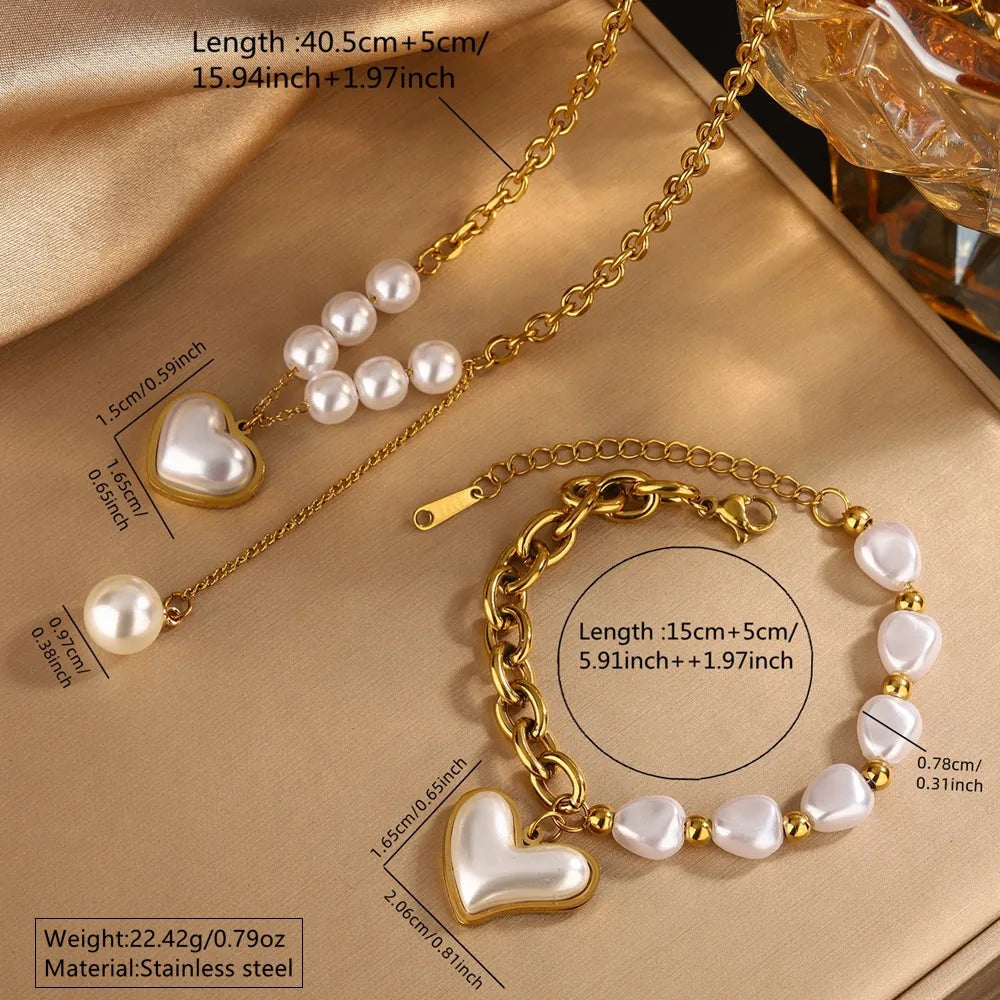 Pearl Heart Shape 304 Stainless Steel 18K Gold Plated Beaded Pearl Plating Bracelets Necklace Jewelry Set