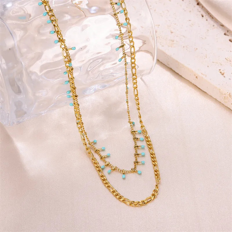 Blue Solid Color Stainless Steel Enamel Plating 18K Gold Plated Layered Necklaces