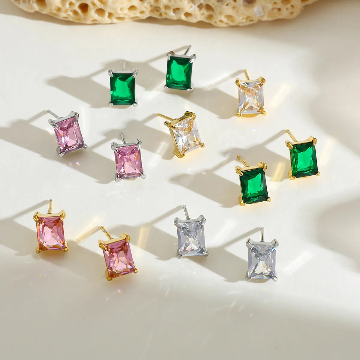 Rectangular 304 Stainless Steel Plated 16K Gold Embedded Zirconia Stud Earrings